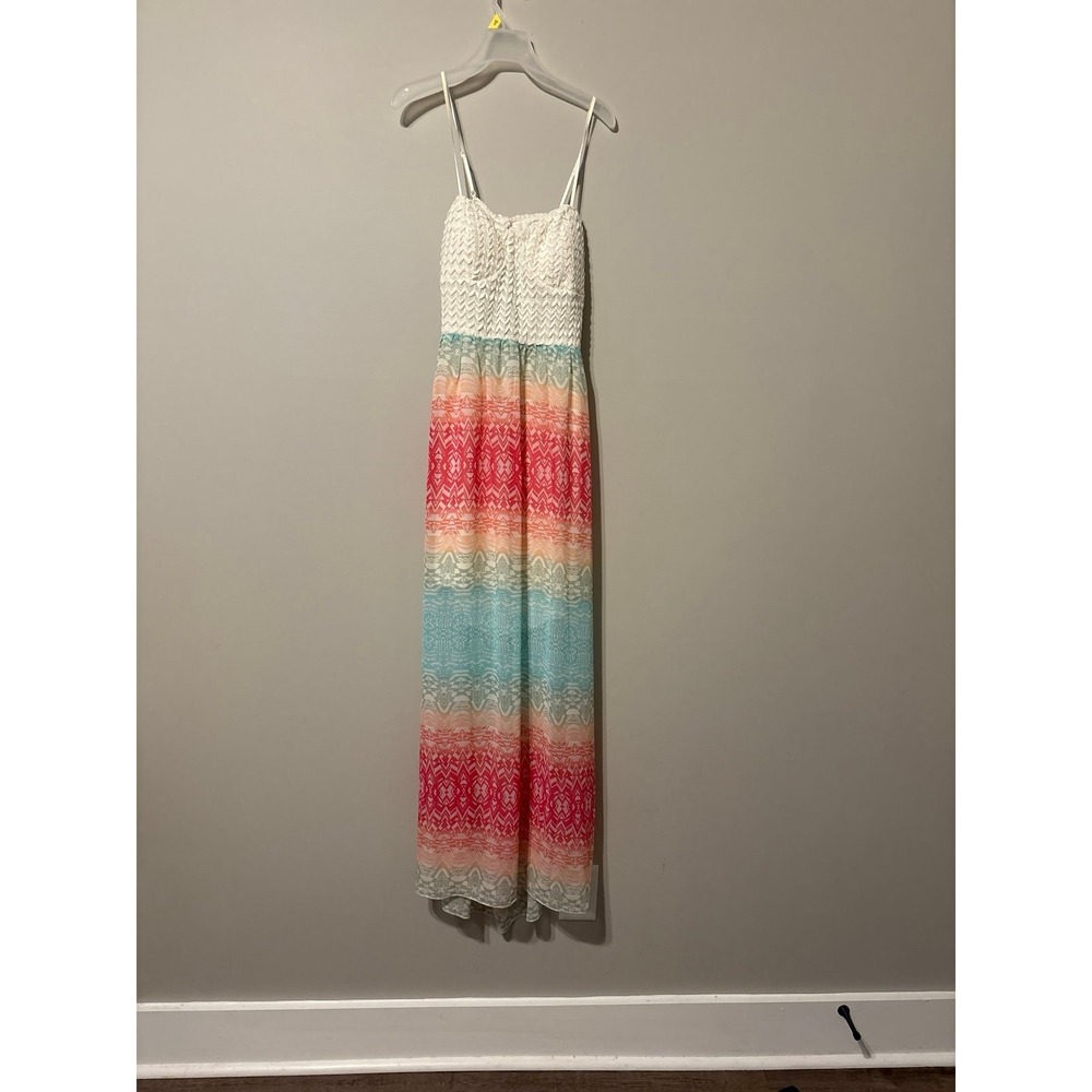 Trixxi Womens Multicolor Chevron Maxi Dress Crochet Bodice Cutout Back Large NWT